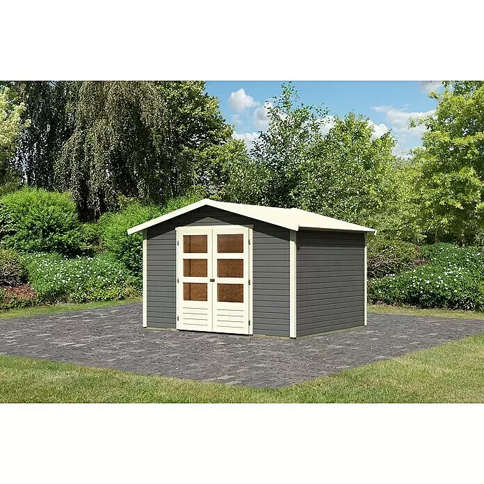 Karibu Gartenhaus Amberg 5 - Außenmaß inkl. Dachüberstand (B x T): 337 x 266 cm, Holz, Terragrau - Dunkelgraues Gartenhaus mit cremefarbenen Zierleisten und Doppeltüren auf gepflastertem Patio.