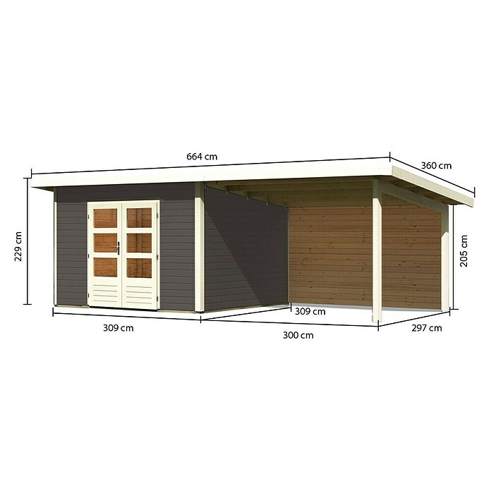 Karibu Gartenhaus Northeim 3 (Außenmaß inkl. Dachüberstand (B x T): 664 x 331,5 cm, Holz, Terragrau, Mit Seitendach und Rückwand) | BAUHAUS