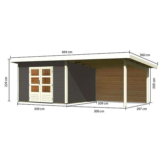Karibu Gartenhaus Northeim 3 - Außenmaß inkl. Dachüberstand (B x T): 664 x 331,5 cm, Holz, Terragrau, Mit Seitendach und Rückwand - Abbildung eines Gartenhauses mit den Maßen 664 cm Länge und 360 cm Breite, sowie einer Höhe von 229 cm und 205 cm.