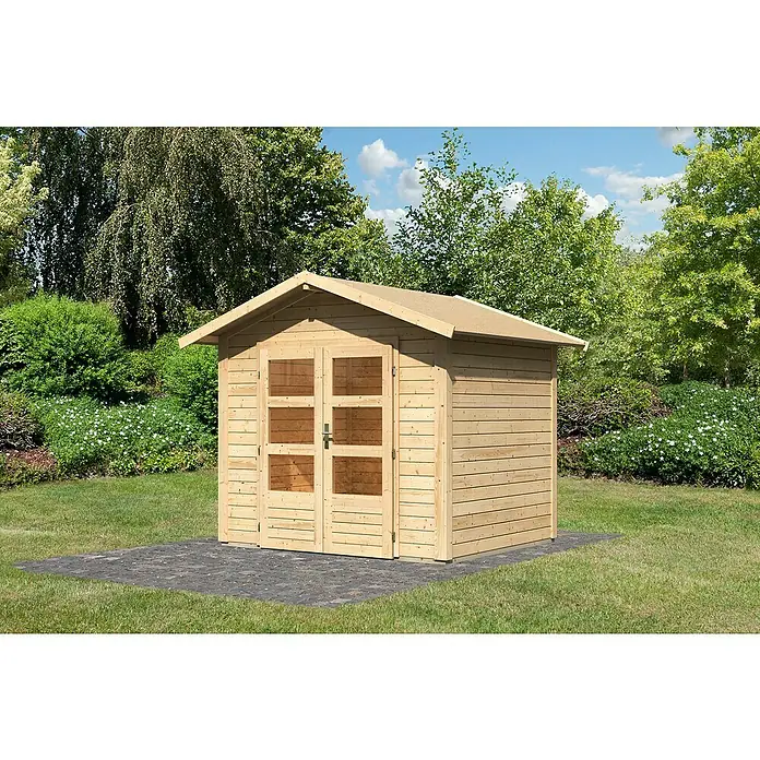 Karibu Gartenhaus Talkau 3 - Außenmaß inkl. Dachüberstand (B x T): 270 x 234 cm, Holz, Natur - Ein Holzschuppen mit Doppeltür und Fenstern im Garten, ideal für Gartengeräte und mehr. Das Gartenhaus bietet praktischen Stauraum im Freien.