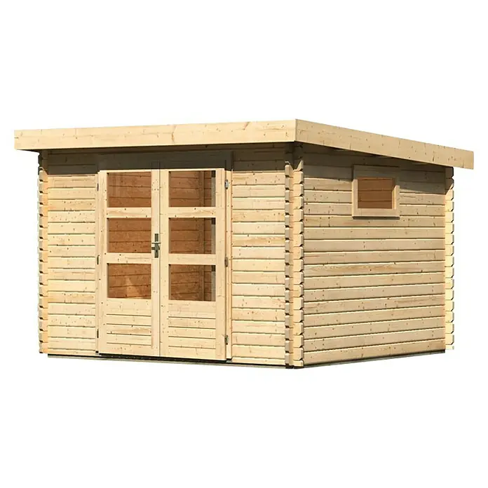 Karibu Gartenhaus Trittau 3 - Außenmaß inkl. Dachüberstand (B x T): 317 x 333 cm, Holz, Natur - Ein helles Holzgartenhaus mit Doppeltür und kleinem Fenster. Ideal für Gartenarbeit und Lagerung.