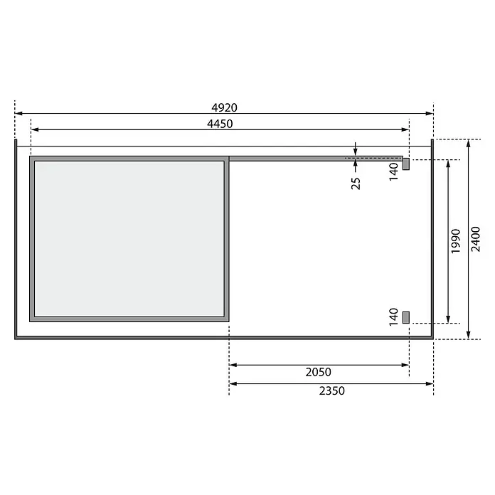 Karibu Gartenhaus Kandern 2 - Außenmaß inkl. Dachüberstand (B x T): 492 x 232 cm, Holz, Natur - Grundrisszeichnung mit Bemaßung. Die Grafik zeigt die Abmessungen eines Raumes in Millimetern.