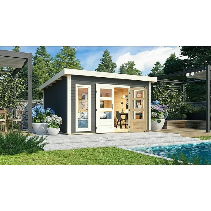 Karibu Gartenhaus Northeim 5 - Außenmaß inkl. Dachüberstand (B x T): 406 x 393 cm, Holz, Terragrau - Dieses Bild zeigt ein Gartenhaus mit großen Fenstern und Türen, perfekt für ein Homeoffice oder einen Hobbyraum im Grünen.
