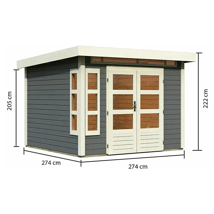 Karibu Gartenhaus Kastorf 6 - Außenmaß inkl. Dachüberstand (B x T): 305 x 303 cm, Holz, Terragrau - Abbildung eines Holzschuppens mit den Maßen 274 cm x 274 cm x 222 cm.