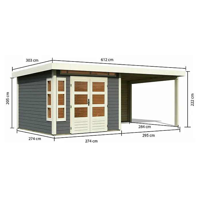 Karibu Gartenhaus Kastorf 6 - Außenmaß inkl. Dachüberstand (B x T): 612 x 303 cm, Holz, Terragrau, Mit Seitendach und Rückwand - Abmessungen eines Gartenhauses mit Anbau, inklusive Angaben zu Höhe, Breite und Tiefe in Zentimetern für eine detaillierte Planung.