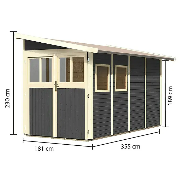 Karibu Gartenhaus Wandlitz 4 - Außenmaß inkl. Dachüberstand (B x T): 200 x 408 cm, Holz, Terragrau - Abbildung eines Gartenhauses mit den Maßen 230 cm Höhe, 181 cm Breite und 355 cm Tiefe.