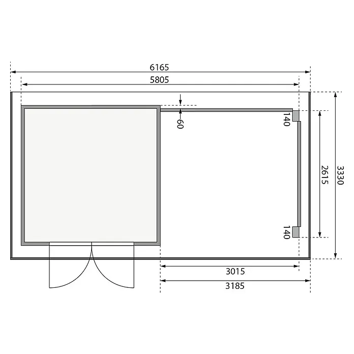 Karibu Gartenhaus Trittau 3 - Außenmaß inkl. Dachüberstand (B x T): 616,5 x 333 cm, Holz, Natur, Mit Seitendach, Rück- & Seitenwand - Detaillierter Bauplan eines Holzhauses mit präzisen Maßangaben für Bau und Planung.