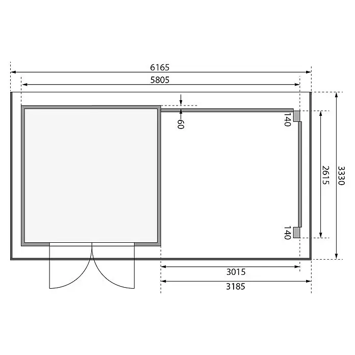 Karibu GartenhausAußenmaß inkl. Dachüberstand (B x T): 616,5 x 333 cm, Holz, Natur, Mit Seitendach, Rück- & Seitenwand