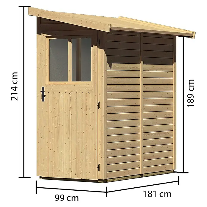 Karibu Gartenhaus Görlitz - Außenmaß inkl. Dachüberstand (B x T): 117 x 217 cm, Holz, Natur - Bild eines Holzgartenschuppens mit den Maßen 214 cm Höhe, 99 cm Breite und 181 cm Länge. Das Gartenhaus hat ein Fenster.