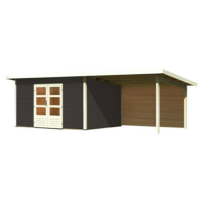 Karibu Gartenhaus Northeim 4 (Außenmaß inkl. Dachüberstand (B x T): 724 x 331,5 cm, Holz, Terragrau, Mit Seitendach und Rückwand)