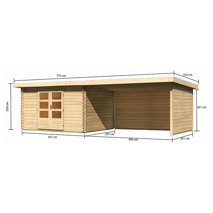 Karibu Gartenhaus Bastrup 7 - Außenmaß inkl. Dachüberstand (B x T): 774 x 333 cm, Holz, Natur, Mit Seitendach, Rück- und Seitenwand - Abbildung eines Holzgartenhauses mit Größenangaben, das Design bietet zusätzlichen Stauraum und Schutz vor Witterungseinflüssen.