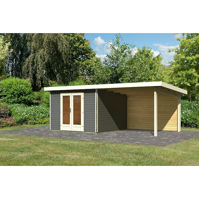 Karibu Gartenhaus Radeburg 1 (Außenmaß inkl. Dachüberstand (B x T): 664 x 331,5 cm, Holz, Terragrau, Mit Seitendach und Rückwand) | BAUHAUS