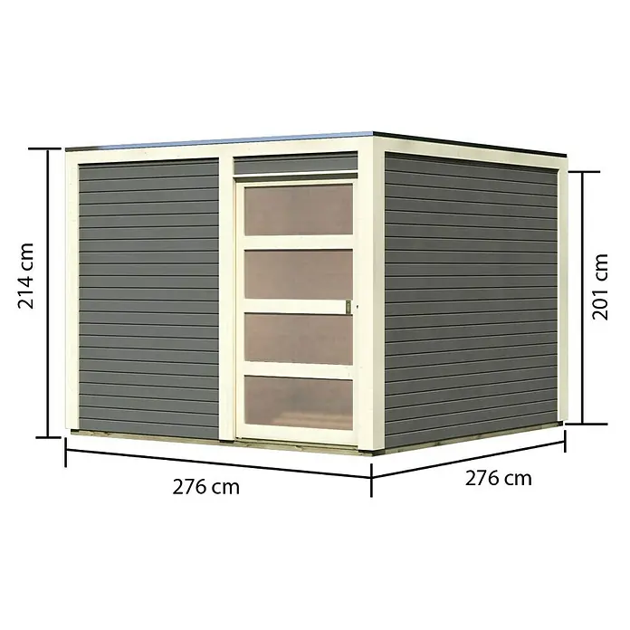 Karibu Gartenhaus Qubic 2 - Außenmaß inkl. Dachüberstand (B x T): 276 x 276 cm, Holz, Terragrau - Bild eines Gartenhauses mit einer Seitenansicht und den Maßen 276 x 276 x 214 cm sowie 201 cm für die andere Seite.