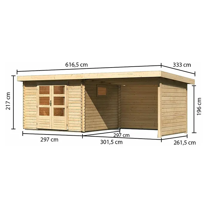 Karibu Gartenhaus Trittau 3 - Außenmaß inkl. Dachüberstand (B x T): 616,5 x 333 cm, Holz, Natur, Mit Seitendach, Rück- & Seitenwand - Ansicht des Gartenhauses mit integriertem Unterstand und Maßangaben zu Höhe, Breite und Tiefe.