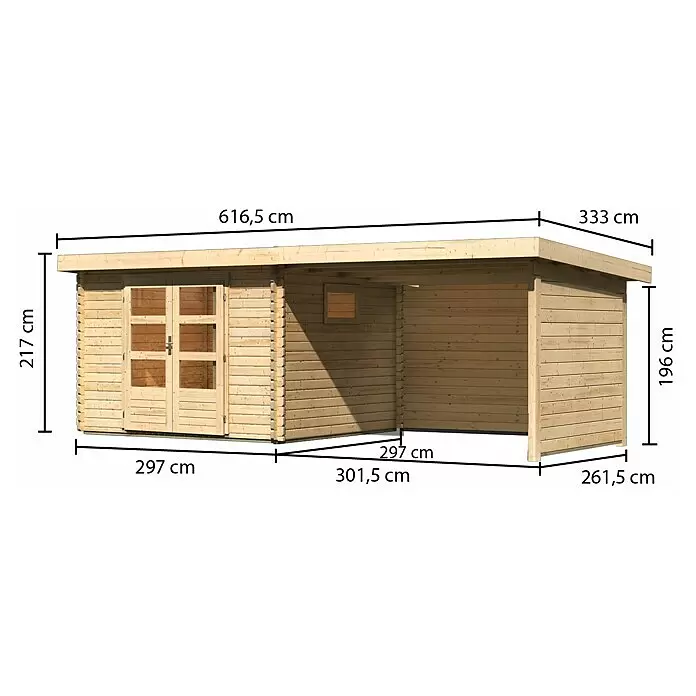 Karibu GartenhausAußenmaß inkl. Dachüberstand (B x T): 616,5 x 333 cm, Holz, Natur, Mit Seitendach, Rück- & Seitenwand