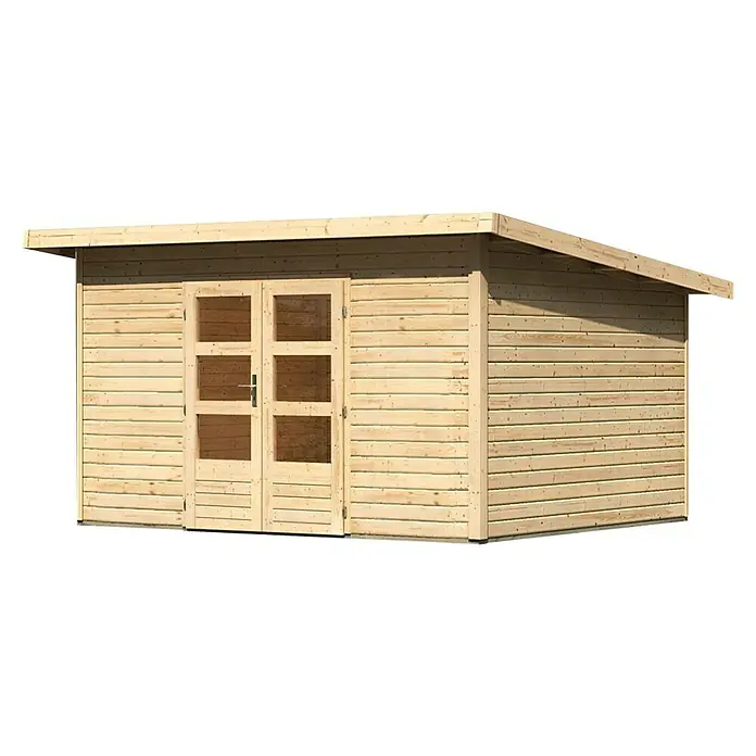 Karibu Gartenhaus Northeim 4 - Außenmaß inkl. Dachüberstand (B x T): 406 x 331,5 cm, Holz, Natur - Holzgartenhaus mit Doppeltür und Fenstern, ideal für Gartenwerkzeug und Freizeitgestaltung im Außenbereich.