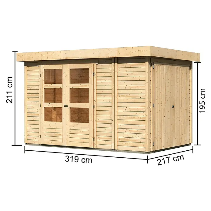 Karibu Gartenhaus Retola 3 - Außenmaß inkl. Dachüberstand (B x T): 342 x 238 cm, Holz, Natur - Ansicht eines Gartenhauses aus Holz mit Fenstern und den Maßen 319 cm Länge, 217 cm Breite und 211 cm Höhe.
