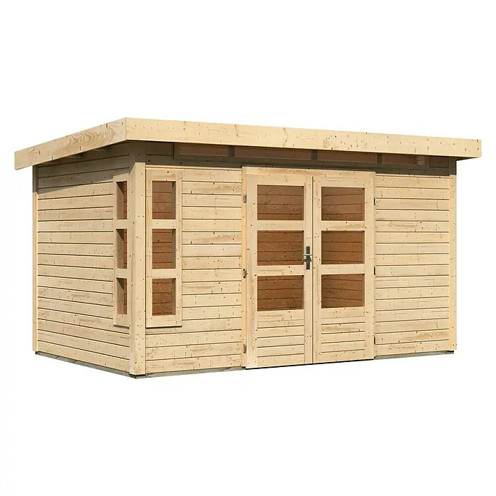 Karibu Gartenhaus Kastorf 7 - Außenmaß inkl. Dachüberstand (B x T): 396 x 273 cm, Holz, Natur - Außenansicht eines modernen Holzgartenhauses mit Doppeltür und Fenster.