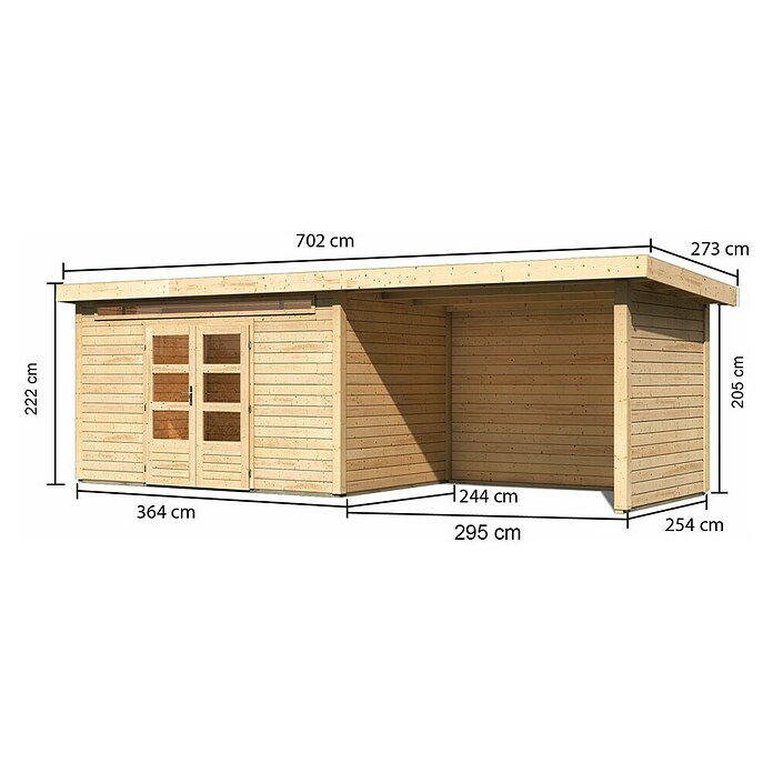 Karibu Gartenhaus Kandern 7 (Außenmaß inkl. Dachüberstand (B x T): 702 x 273 cm, Holz, Natur, Mit Seitendach, Rück- und Seitenwand) | BAUHAUS