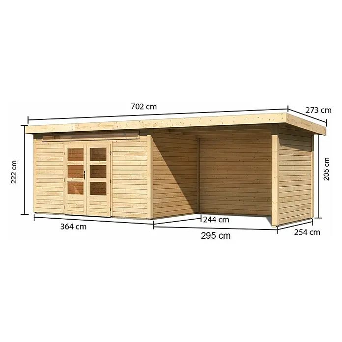 Karibu Gartenhaus Kandern 7 - Außenmaß inkl. Dachüberstand (B x T): 702 x 273 cm, Holz, Natur, Mit Seitendach, Rück- und Seitenwand - Ansicht der Abmessungen eines Holzgartenhauses mit Flachdach und überdachter Veranda, mit Maßangaben in Zentimetern.