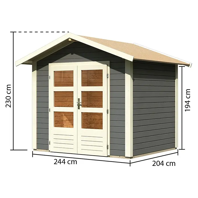 Karibu Gartenhaus Talkau 3 - Außenmaß inkl. Dachüberstand (B x T): 270 x 234 cm, Holz, Terragrau - Abbildung eines Gartenhauses mit den Maßen 230 cm Höhe, 244 cm Breite und 204 cm Tiefe.