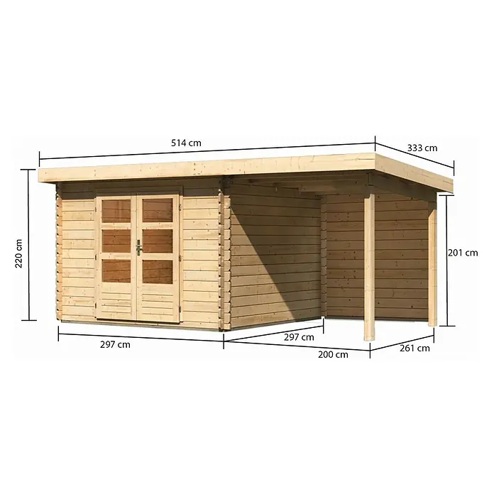 Karibu Gartenhaus Bastrup 5 - Außenmaß inkl. Dachüberstand (B x T): 514 x 333 cm, Holz, Natur, Mit Seitendach und Rückwand - Abmessungen des Holzhauses mit Vordach, einschließlich Höhe, Breite und Tiefe, in Zentimetern angegeben.