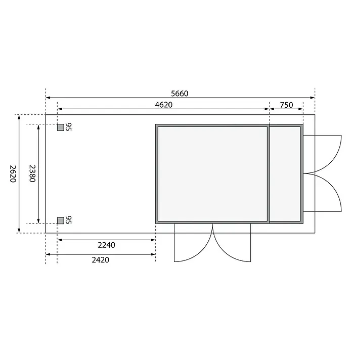 Karibu Gartenhaus Retola 4 - Außenmaß inkl. Dachüberstand (B x T): 566 x 262 cm, Holz, Natur - Dachplan eines kleinen Gartenhauses mit Maßangaben zu Länge, Breite und Wandstärke.