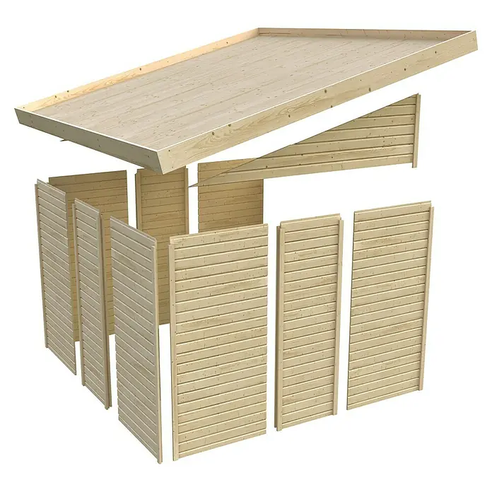 Karibu Gartenhaus Wandlitz 2 - Außenmaß inkl. Dachüberstand (B x T): 200 x 232 cm, Holz, Terragrau - Explosionsansicht eines Holzgartenhauses, das die Paneele und das Dach zur einfachen Montage zeigt. Ideal für die Lagerung im Freien.