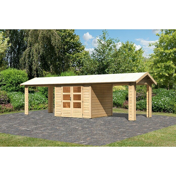Karibu Gartenhaus Theres (Außenmaß inkl. Dachüberstand (B x T): 767 x 288 cm, Holz, Natur) | BAUHAUS