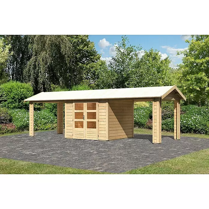 Karibu Gartenhaus Theres - Außenmaß inkl. Dachüberstand (B x T): 767 x 288 cm, Holz, Natur - Carport aus Naturholz mit integriertem Geräteschuppen auf gepflastertem Bereich.