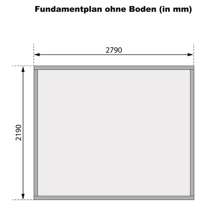 Karibu Gartenhaus Flora 3 - Außenmaß inkl. Dachüberstand (B x T): 297 x 237 cm, Holz, Natur - Fundamentplan ohne Boden (in mm) mit den Maßen 2790 mm Breite und 2190 mm Höhe zur Planung eines Bauprojekts.
