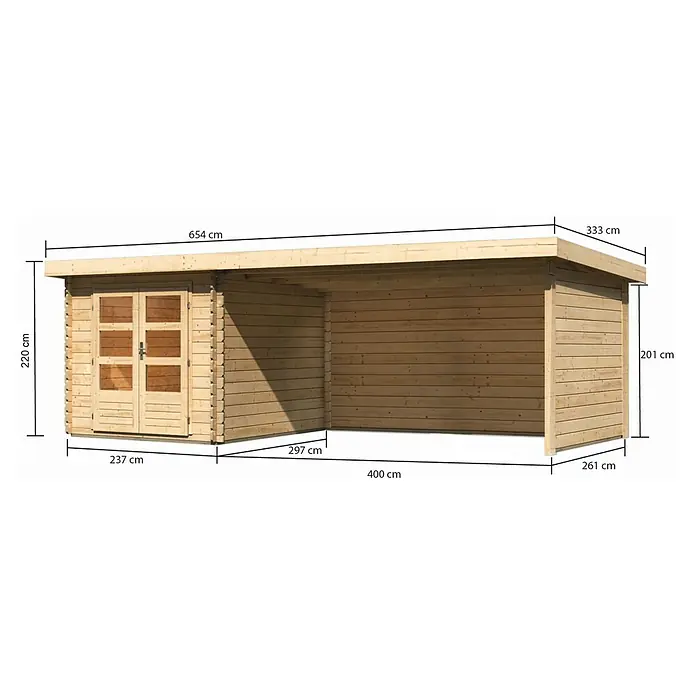 Karibu Gartenhaus Bastrup 4 - Außenmaß inkl. Dachüberstand (B x T): 654 x 333 cm, Holz, Natur, Mit Seitendach, Rück- und Seitenwand - Abmessungen des Holzschuppens mit Doppeltür und offenem Anbau, detailliert in Zentimetern.