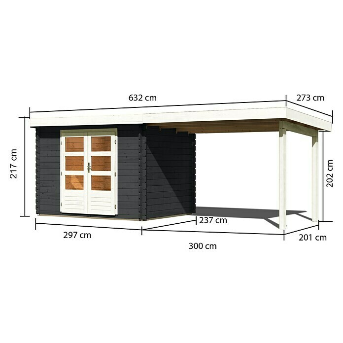 Karibu Gartenhaus Bastrup 3 (Außenmaß inkl. Dachüberstand (B x T): 614 x  273 cm, Holz, Anthrazit, Mit Seitendach) | BAUHAUS