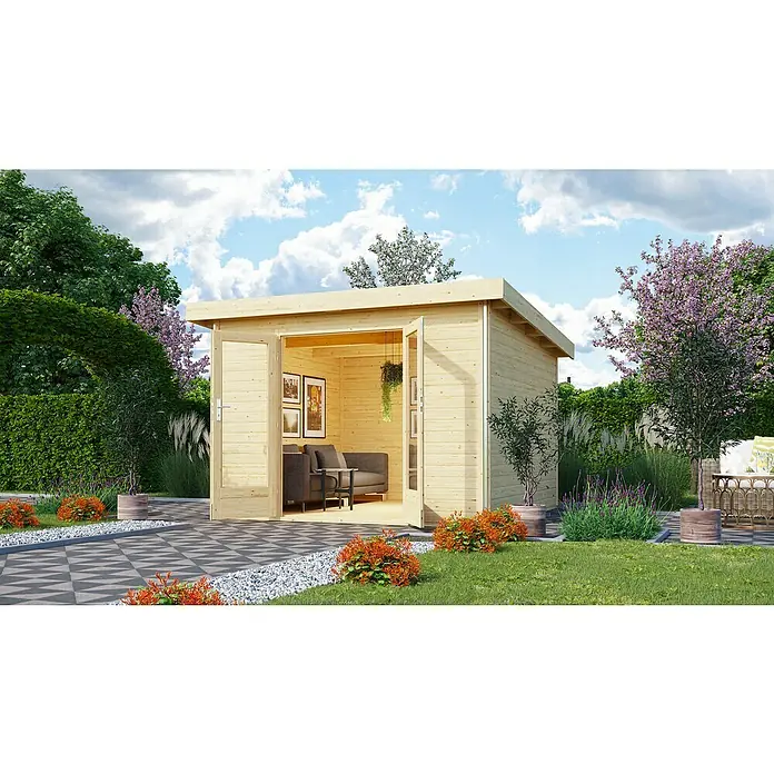 Karibu Gartenhaus Radeburg 1 - Außenmaß inkl. Dachüberstand (B x T): 346 x 331,5 cm, Holz, Natur - Modernes Gartenhaus mit geöffneten Doppeltüren, umgeben von üppigem Grün und bunten Blumen. Ideal für Entspannung im Freien.