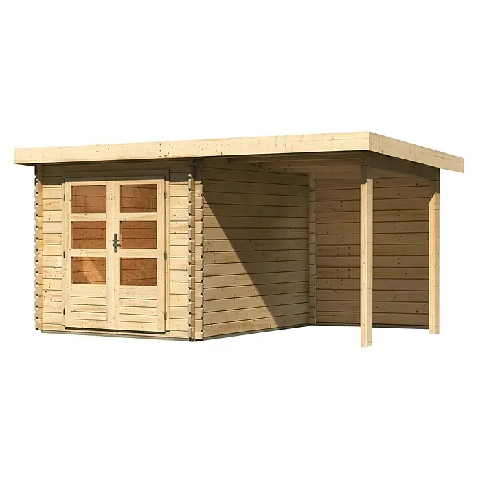 Karibu Gartenhaus Bastrup 4 - Außenmaß inkl. Dachüberstand (B x T): 454,5 x 333 cm, Holz, Natur, Mit Seitendach und Rückwand - Ein naturbelassenes Holzgartenhaus mit Doppeltür und überdachtem Bereich, ideal für den Garten.