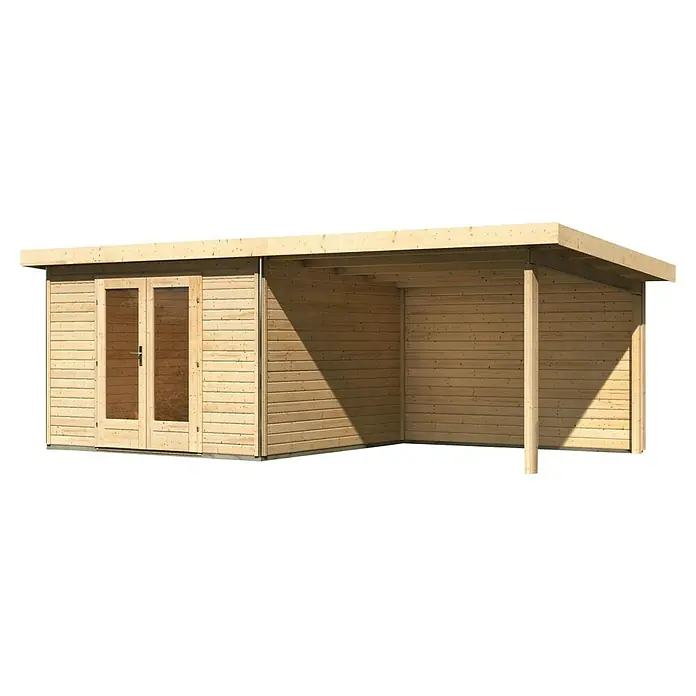 Karibu Gartenhaus Radeburg 1 - Außenmaß inkl. Dachüberstand (B x T): 664 x 331,5 cm, Holz, Natur, Mit Seitendach und Rückwand - Ein helles Holzgartenhaus mit Doppeltüren und überdachtem Bereich bietet zusätzlichen Stauraum und Schutz vor Witterungseinflüssen im Garten.