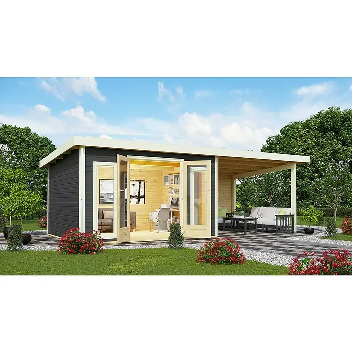 Karibu Gartenhaus Radeburg 2 - Außenmaß inkl. Dachüberstand (B x T): 724 x 331,5 cm, Holz, Terragrau, Mit Seitendach und Rückwand - Außenansicht eines modernen Gartenhauses mit offenem Wohnbereich und stilvoller Einrichtung, umgeben von Grünflächen und gepflasterten Wegen.
