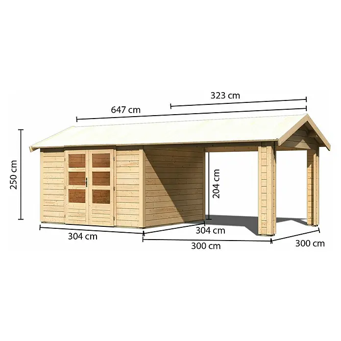 Karibu Gartenhaus Theres - Außenmaß inkl. Dachüberstand (B x T): 648 x 348 cm, Holz, Natur - Abmessungen eines Holzgartenhauses mit Anbau, einschließlich Höhe, Breite und Tiefe, dargestellt in Zentimetern.