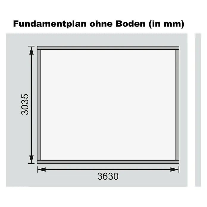 Karibu Gartenhaus Northeim 4 - Außenmaß inkl. Dachüberstand (B x T): 406 x 331,5 cm, Holz, Natur - Fundamentplan ohne Boden (in mm): Schematische Darstellung eines rechteckigen Fundaments mit den Maßen 3035 mm Höhe und 3630 mm Breite.