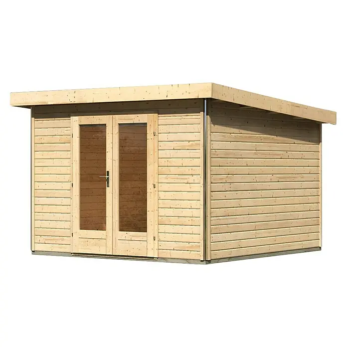 Karibu Gartenhaus Radeburg 1 - Außenmaß inkl. Dachüberstand (B x T): 346 x 331,5 cm, Holz, Natur - Ein helles Holzgartenhaus mit Doppeltüren und einem flachen Dach, ideal für den Garten. Es bietet Stauraum oder einen gemütlichen Rückzugsort.