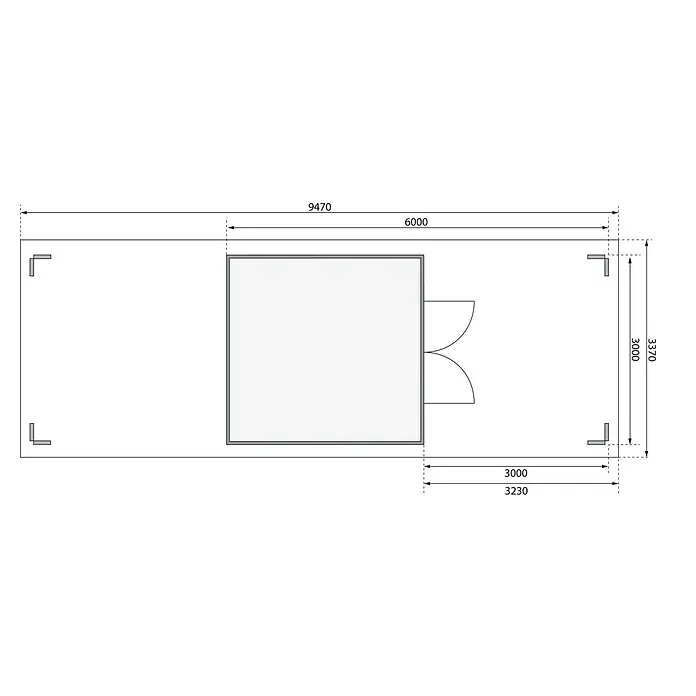Karibu Gartenhaus Theres - Außenmaß inkl. Dachüberstand (B x T): 947 x 348 cm, Holz, Natur - Draufsicht des Holzpavillons mit Maßangaben zu Länge und Breite für Planungszwecke.