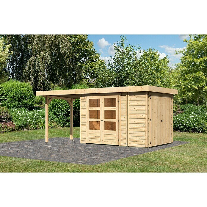 Karibu Gartenhaus Retola 2 (Außenmaß inkl. Dachüberstand (B x T): 542 x 238 cm, Holz, Natur) | BAUHAUS