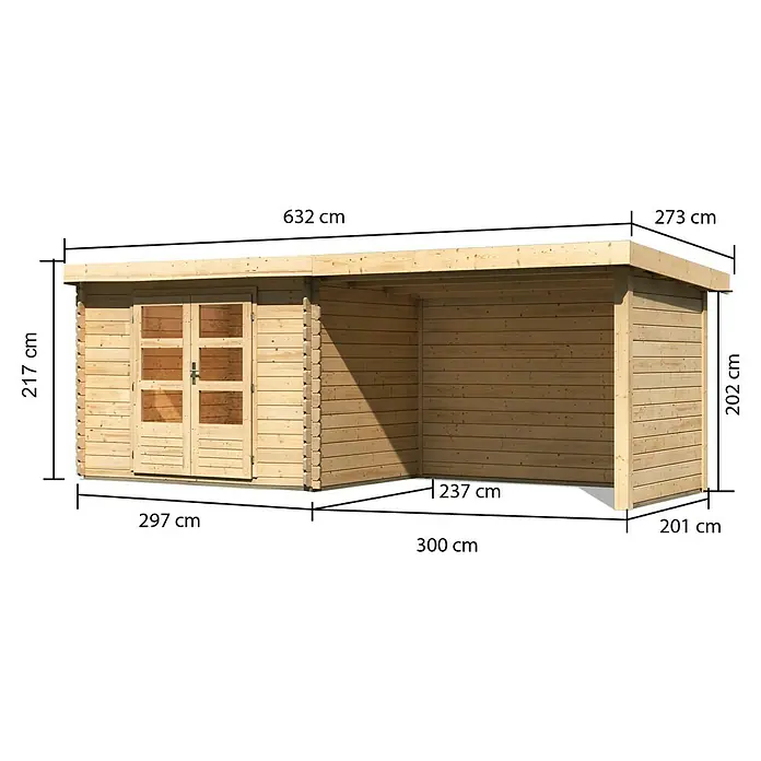 Karibu Gartenhaus Bastrup 3 - Außenmaß inkl. Dachüberstand (B x T): 614 x 273 cm, Holz, Natur, Mit Seitendach, Rück- und Seitenwand - Abbildung eines Holzgartenhauses mit den Abmessungen 632 cm Länge und 217 cm Höhe. Das Haus verfügt über einen überdachten Bereich.