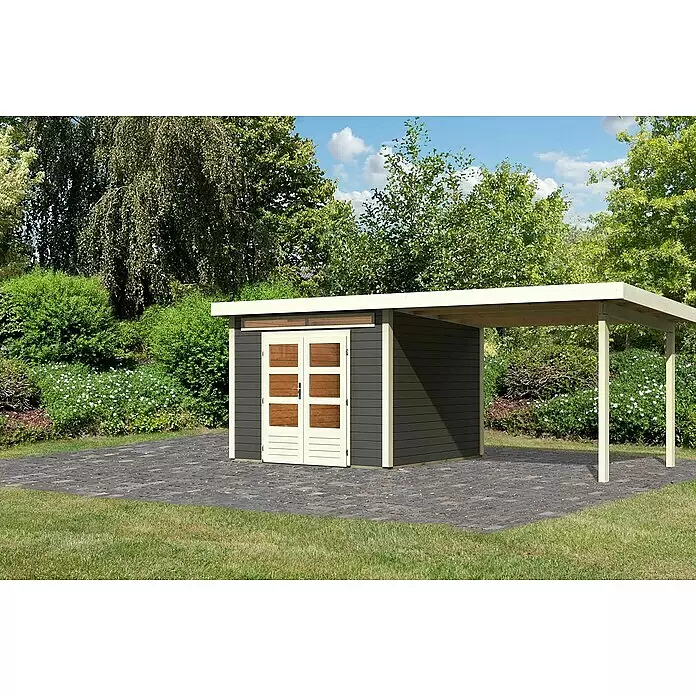 Karibu Gartenhaus Kandern 6 - Außenmaß inkl. Dachüberstand (B x T): 612 x 303 cm, Holz, Terragrau, Mit Seitendach - Stimmungsaufnahme