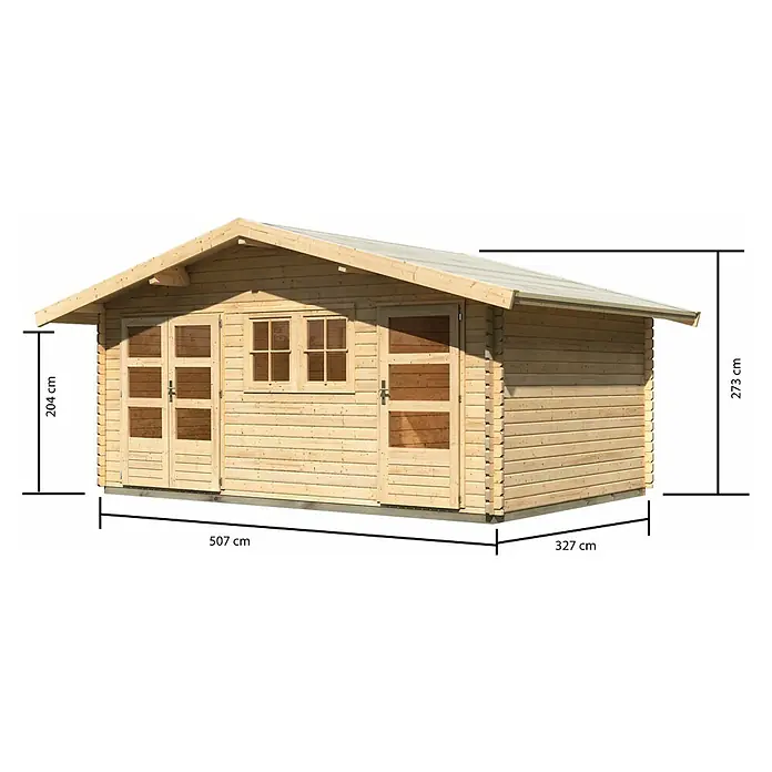 Karibu Gartenhaus Lagor - Außenmaß inkl. Dachüberstand (B x T): 526 x 390 cm, Holz, Natur - Eine Ansicht eines Holzgartenhauses mit den Maßen 507 cm Länge, 327 cm Breite und 273 cm Höhe.