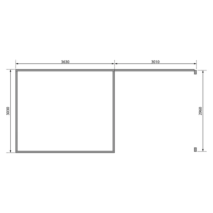 Karibu Gartenhaus Radeburg 2 - Außenmaß inkl. Dachüberstand (B x T): 724 x 331,5 cm, Holz, Natur, Mit Seitendach und Rückwand - Draufsicht eines rechteckigen L-förmigen Gebäudes mit den Maßen 3630x3030 und 3010x2960, das die Abmessungen und das Layout des Gebäudes zeigt.