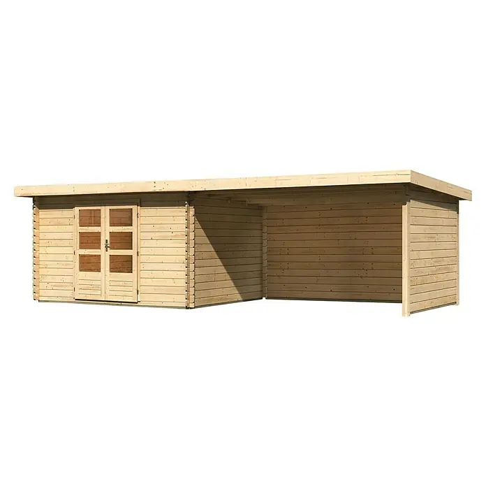 Karibu Gartenhaus Bastrup 7 - Außenmaß inkl. Dachüberstand (B x T): 774 x 333 cm, Holz, Natur, Mit Seitendach, Rück- und Seitenwand - Ein helles Holzgartenhaus mit Doppeltüren und einem überdachten Bereich bietet einen idealen Raum für Entspannung und Lagerung im Freien.