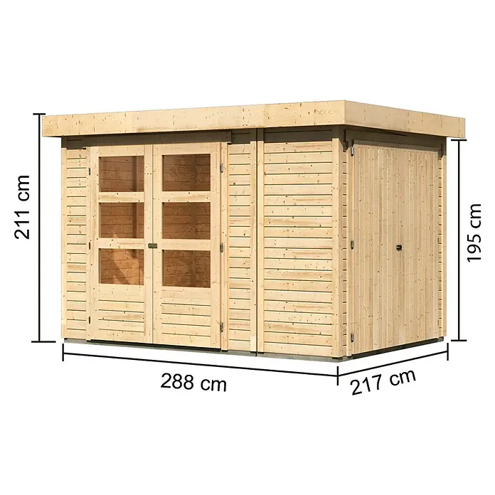 Karibu Gartenhaus Retola 2 - Außenmaß inkl. Dachüberstand (B x T): 317 x 238 cm, Holz, Natur - Bild einer Holzgartenhaus mit Maßen, 288 cm breit, 217 cm tief und 211 cm hoch.\n