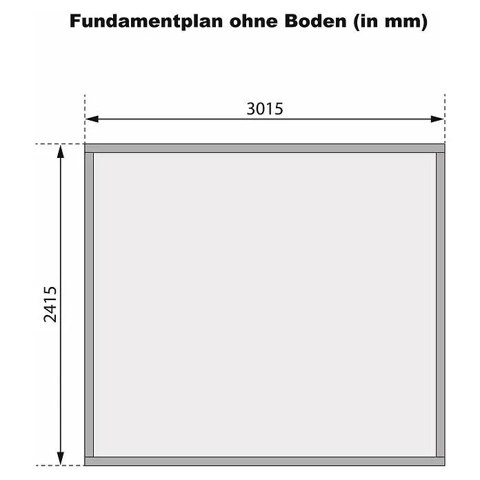 Karibu Gartenhaus Amberg 5 - Außenmaß inkl. Dachüberstand (B x T): 337 x 266 cm, Holz, Natur - Fundamentplan ohne Boden: Eine technische Zeichnung mit den Maßen 3015 mm Breite und 2415 mm Höhe, ideal für Planungszwecke.