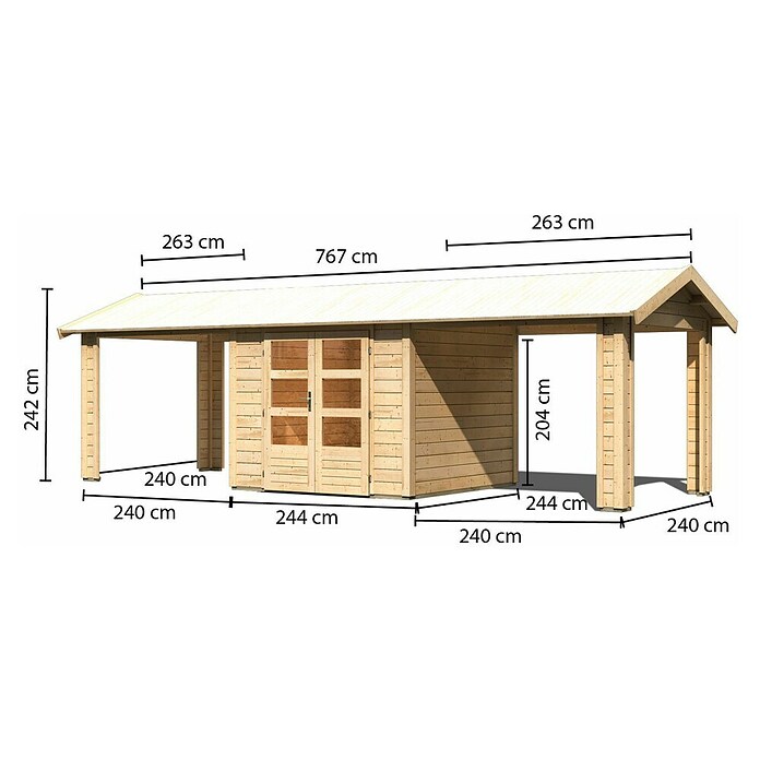 Karibu Gartenhaus Theres (Außenmaß inkl. Dachüberstand (B x T): 767 x 288 cm, Holz, Natur) | BAUHAUS